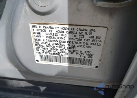 2004 Honda Pilot Ex from USA, damaged, VIN 2HKYF18494H539787
